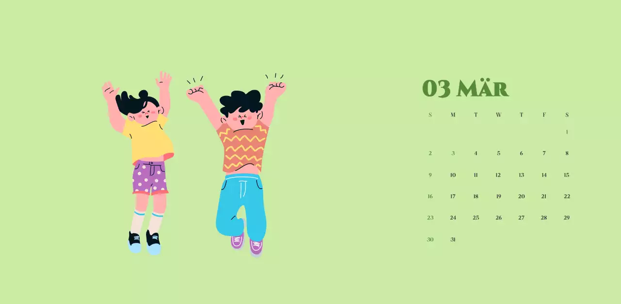 Kalender mit Jugendillustrationen auf gelb-grünem Hintergrund