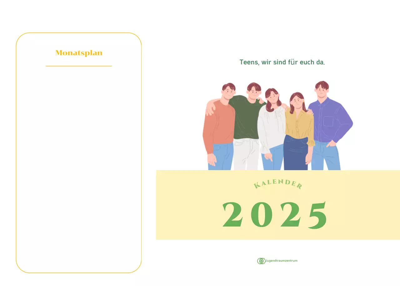 Kalender mit Jugendillustrationen auf gelb-grünem Hintergrund