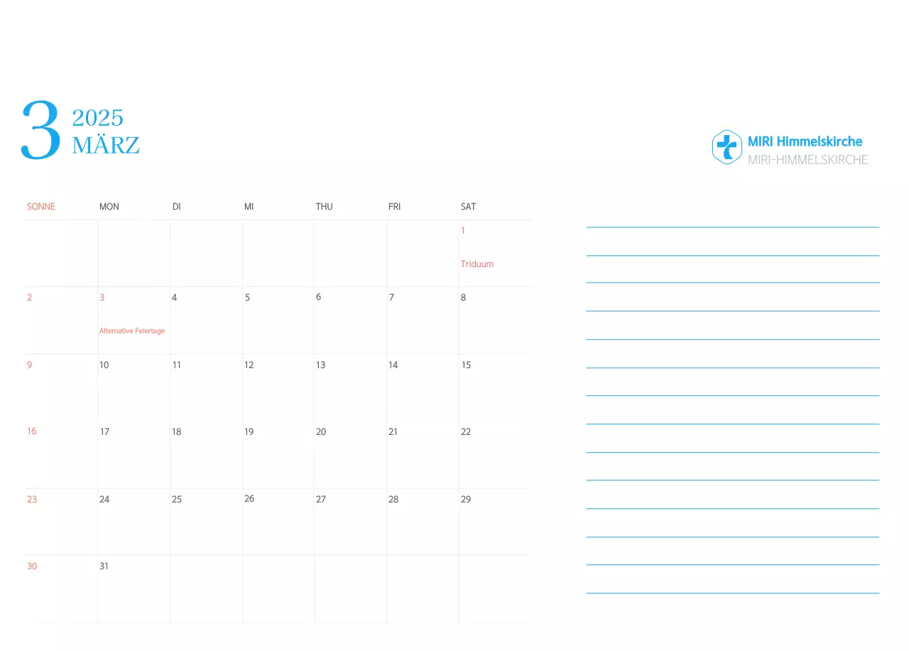 Blaues modernes Konzept Kirchenkalender