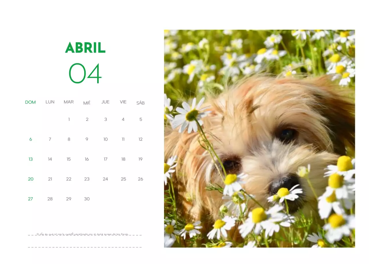 Un calendario con una foto de un cachorro y un bonito mensaje en color verde