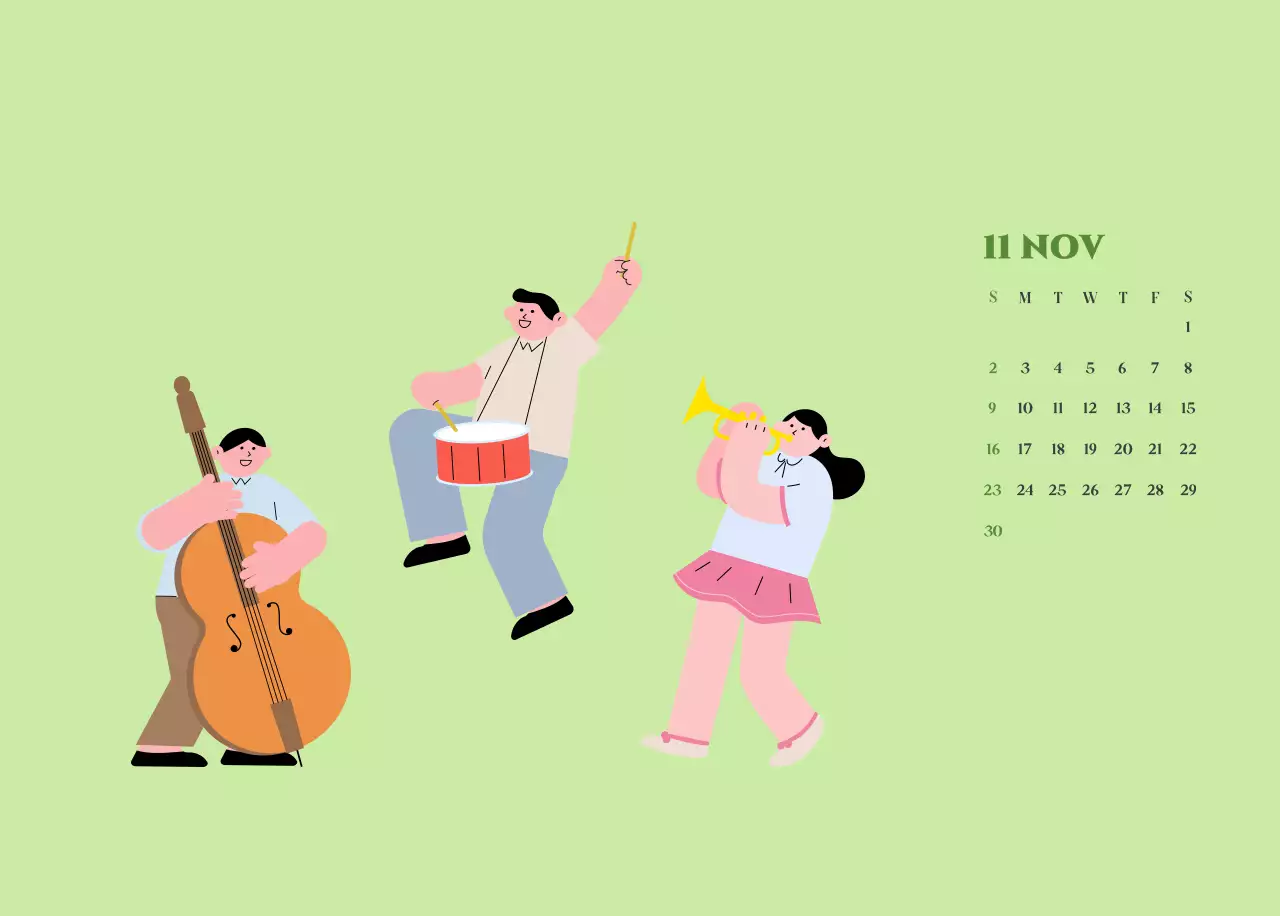 Kalender mit Jugendillustrationen auf gelb-grünem Hintergrund