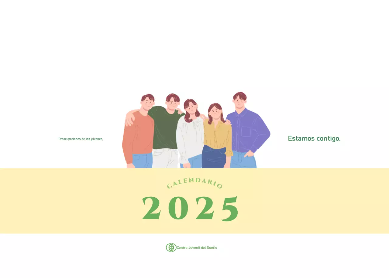 Calendario con ilustraciones juveniles sobre fondo amarillo verdoso