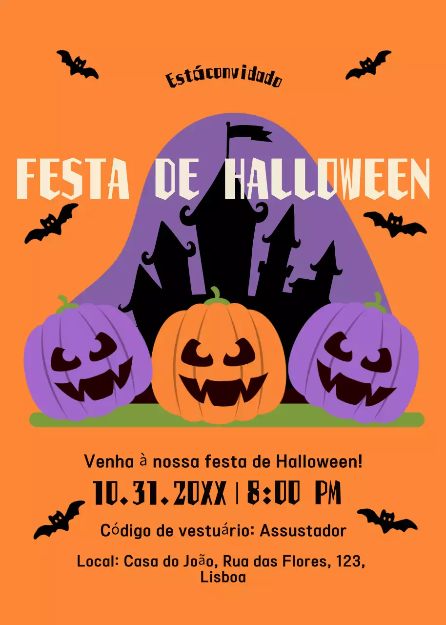 Convite para festa de Halloween preto laranja roxo