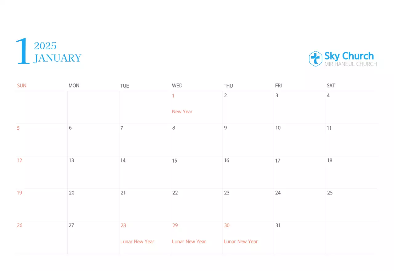 Kalender gereja berkonsep modern berwarna biru