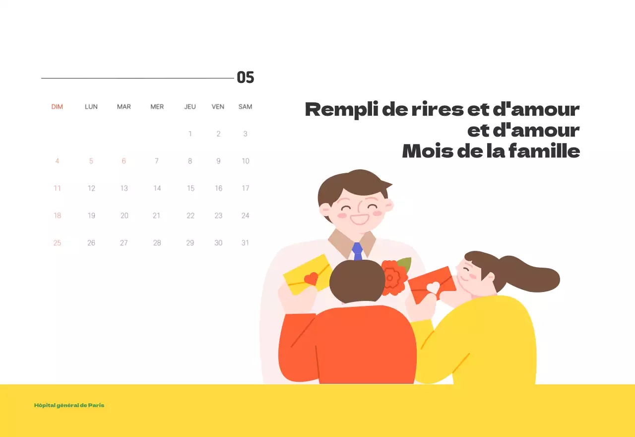 Un hôpital festif avec des illustrations sur le thème de la santé et de la famille et des accents colorés.