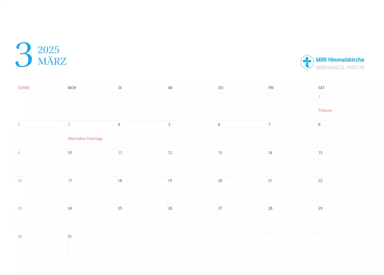 Blaues modernes Konzept Kirchenkalender