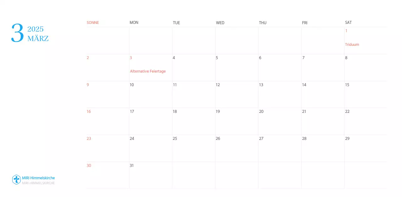 Blaues modernes Konzept Kirchenkalender