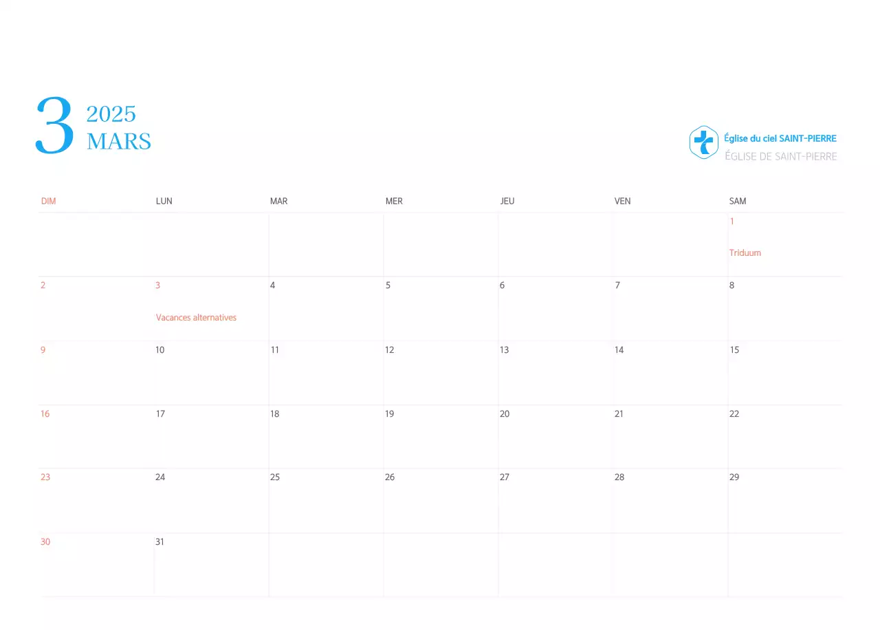 Calendrier d'église moderne bleu
