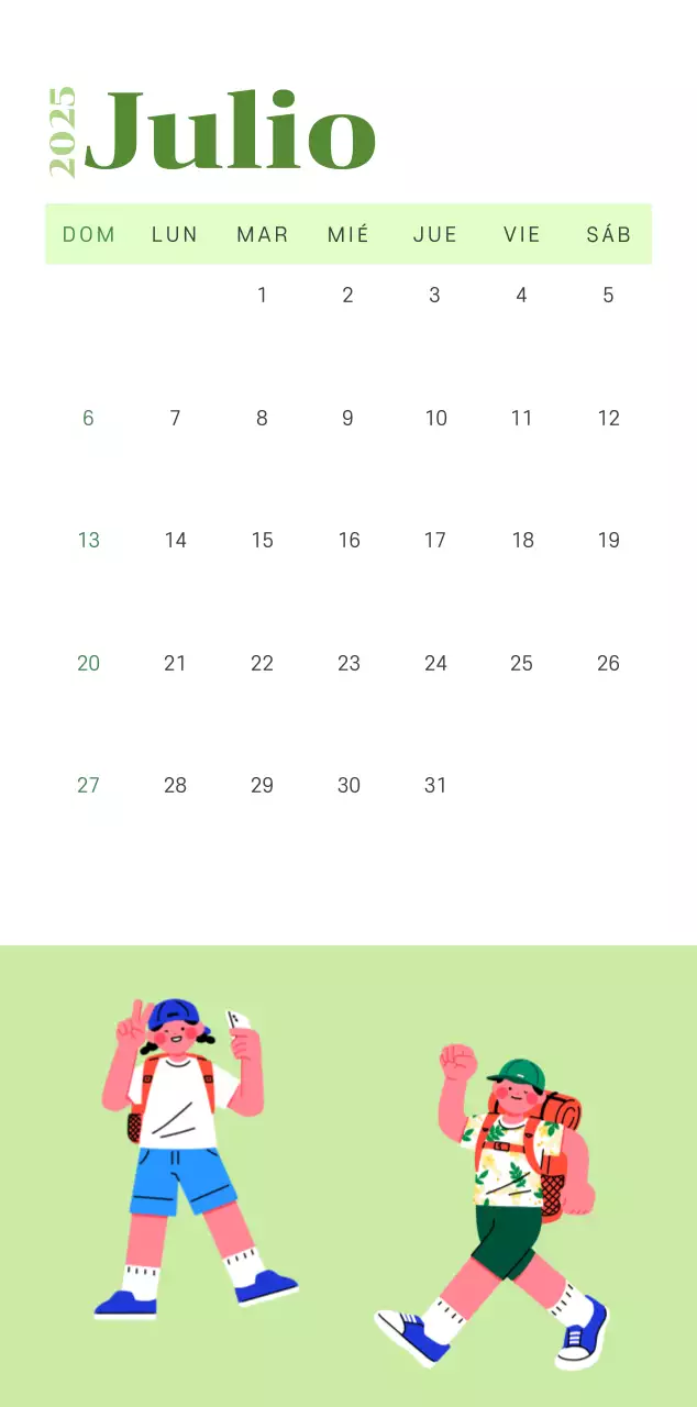 Calendario con ilustraciones juveniles sobre fondo amarillo verdoso