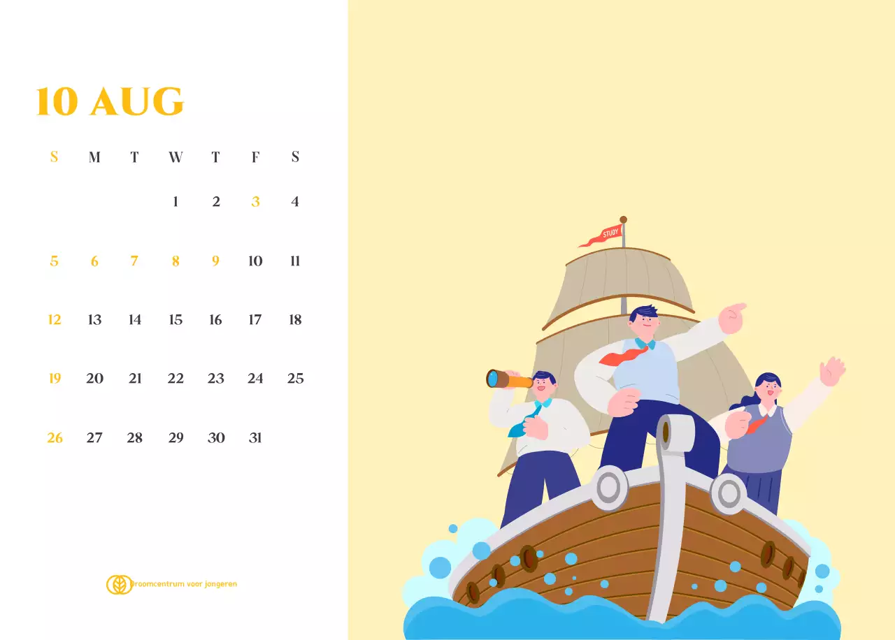 Kalender met jeugdillustraties op een geelgroene achtergrond