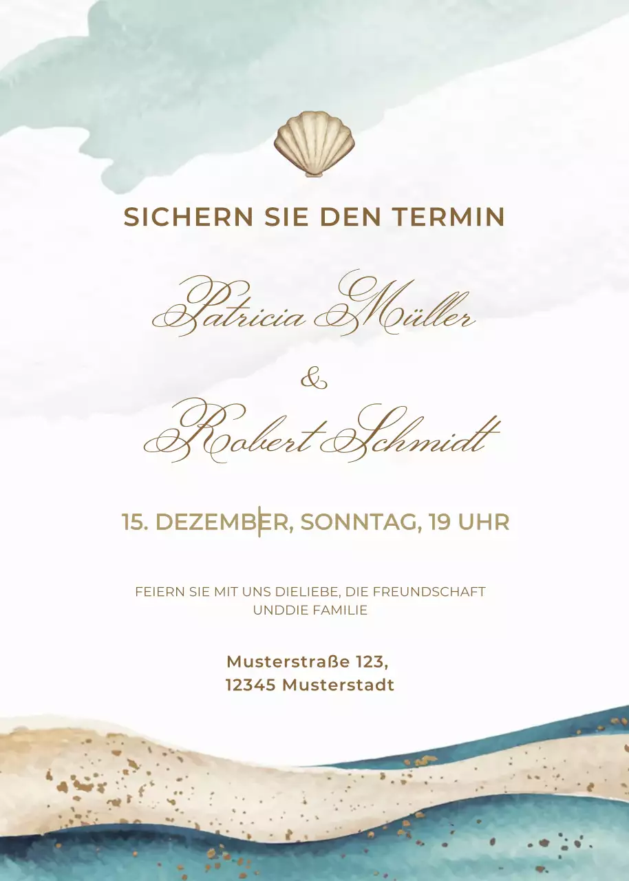 Beige blau gold Hochzeitseinladung eleganter Stil