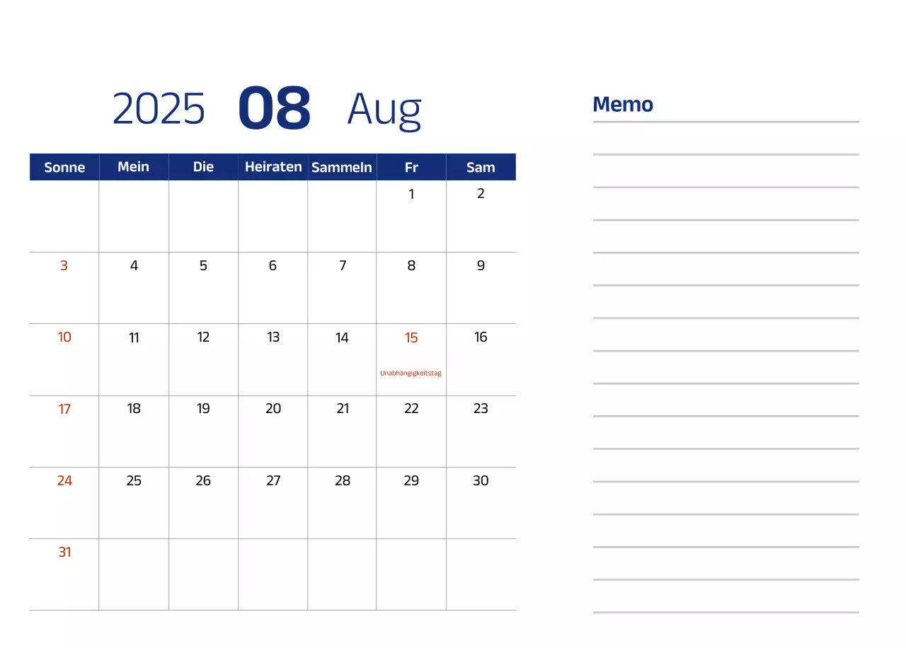 Einfacher Kalender mit blauen, klaren Illustrationen