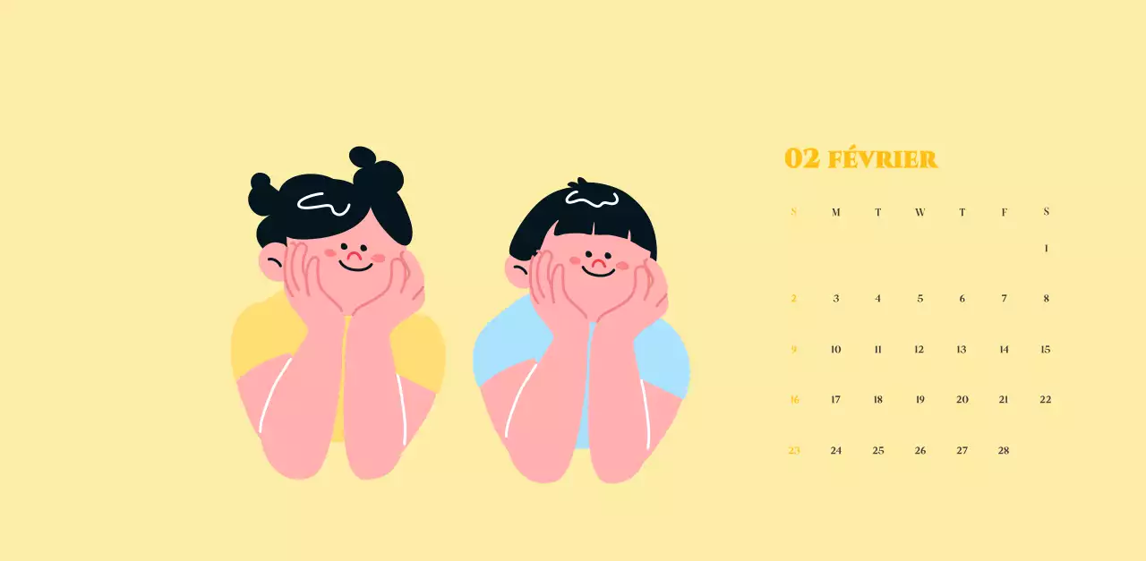 Calendrier avec illustrations de jeunes sur fond jaune-vert