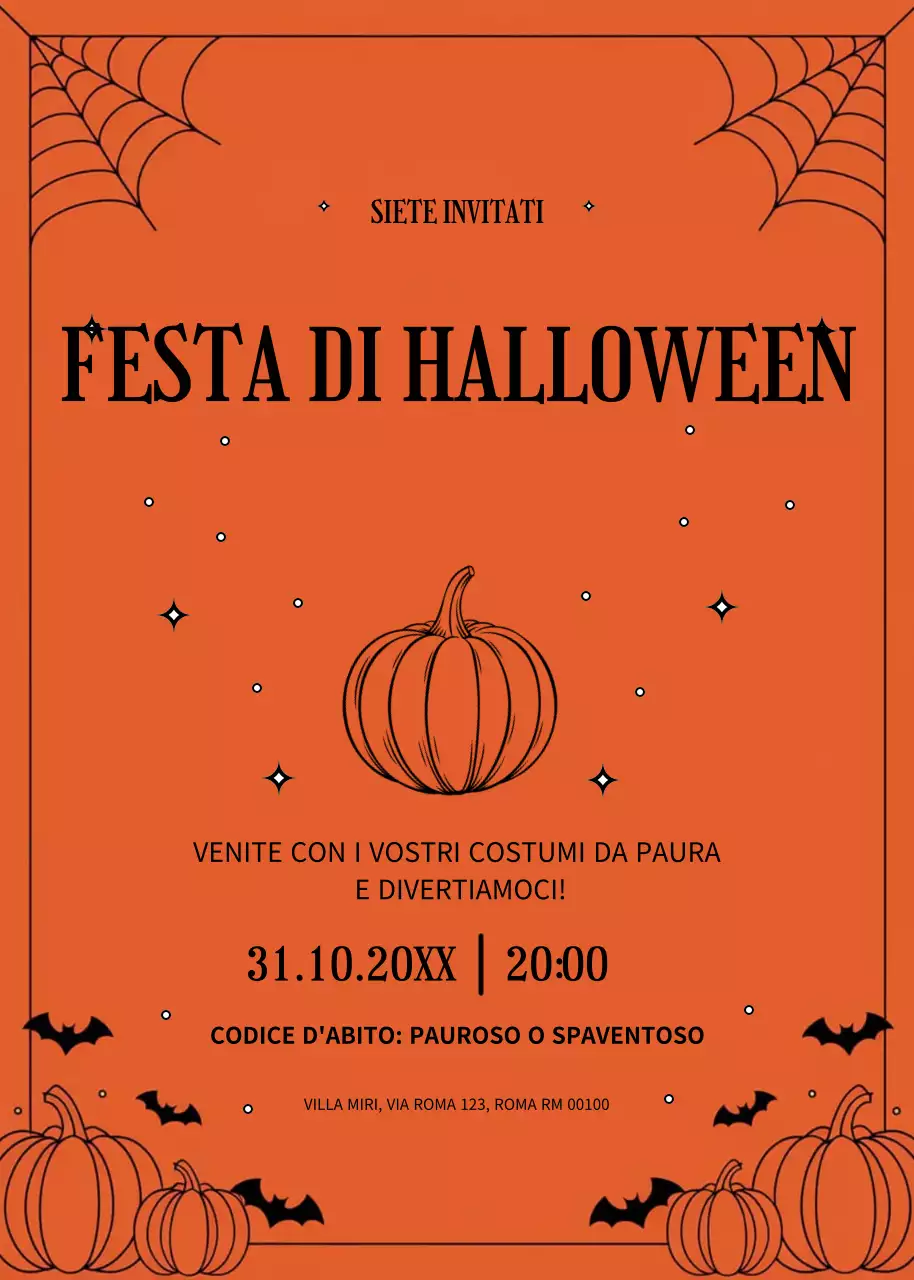 Invito alla festa di Halloween arancione e nero in stile minimal