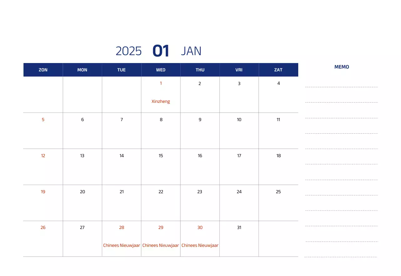 Eenvoudige kalender met blauwe, strakke illustraties