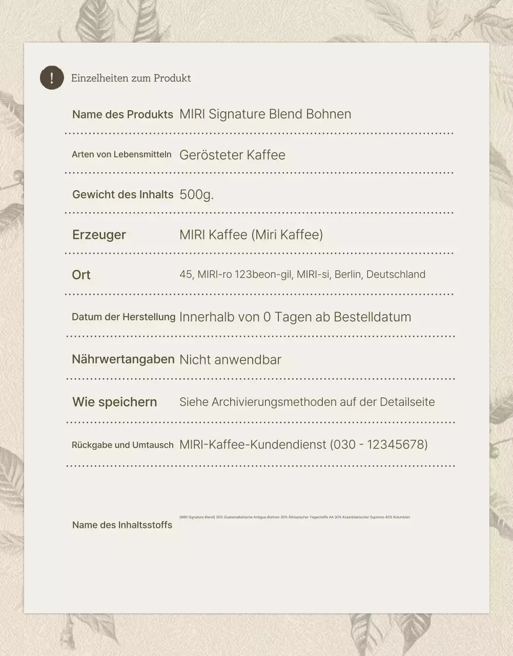 Beige und braun vintage Kaffeebohnen Detailseite