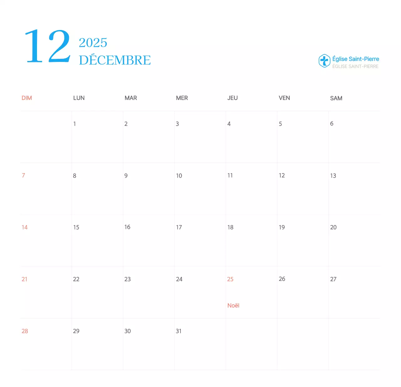 Calendrier d'église moderne bleu