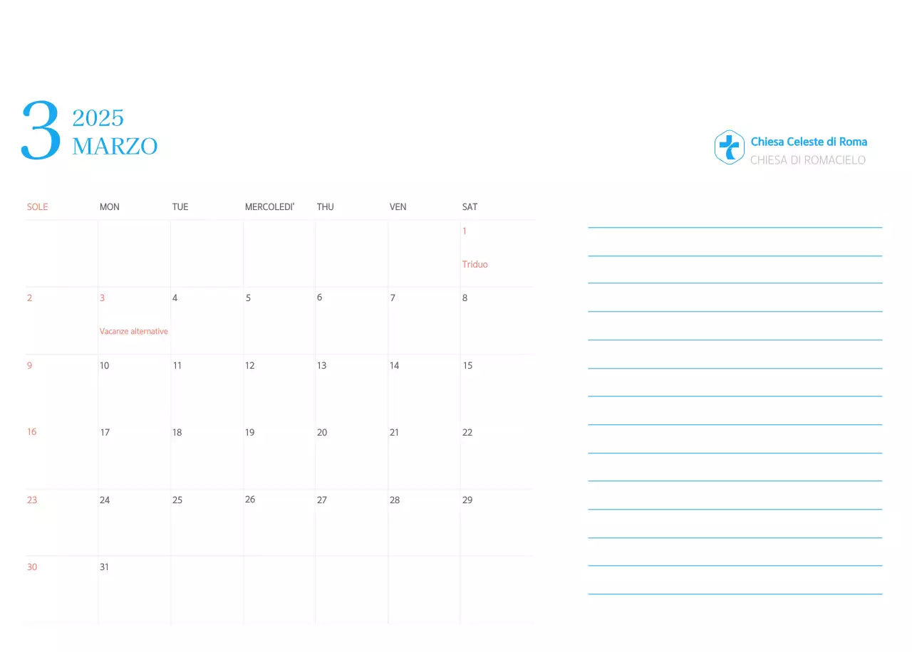 Calendario ecclesiastico blu di concezione moderna