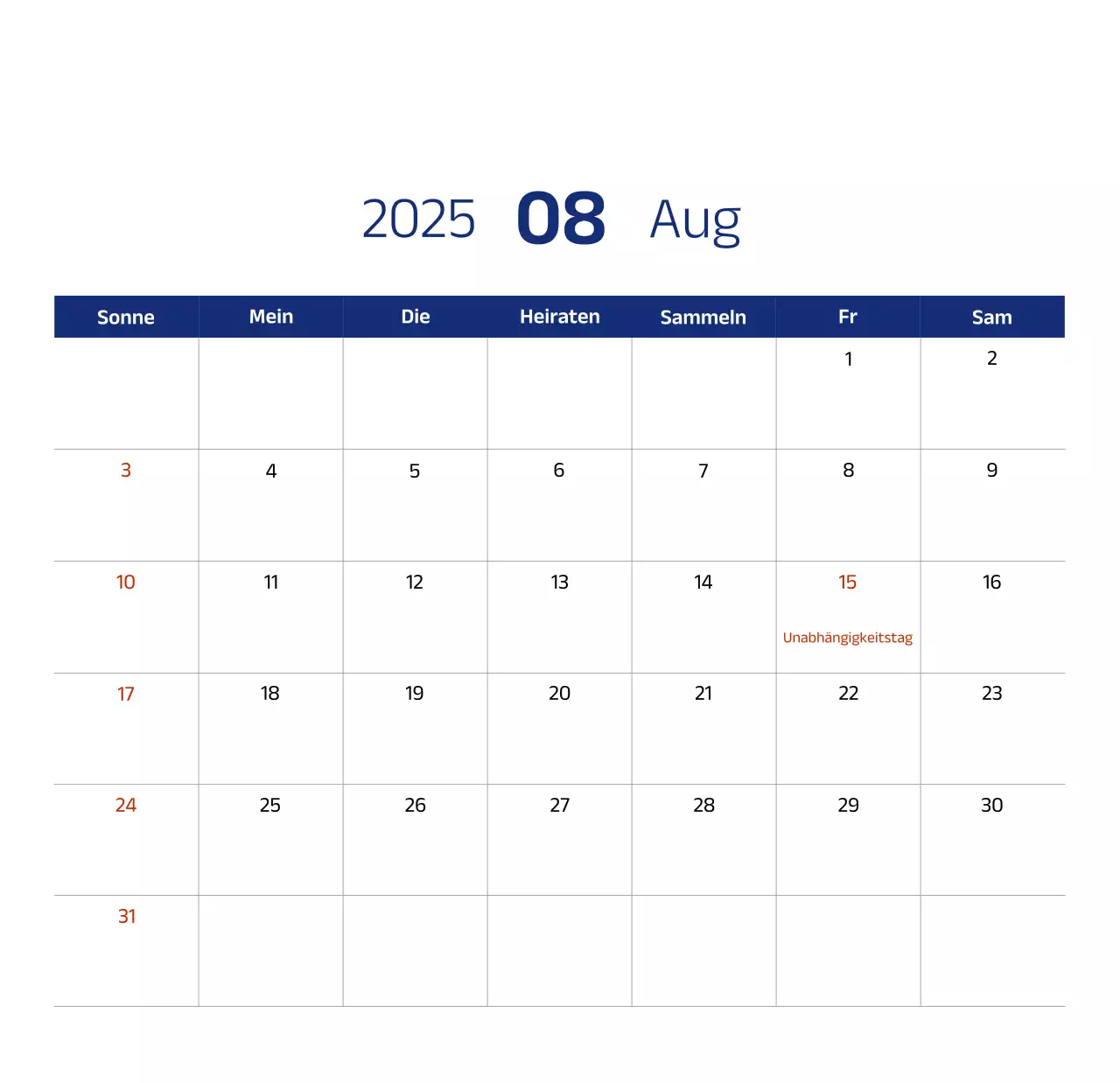 Einfacher Kalender mit blauen, klaren Illustrationen