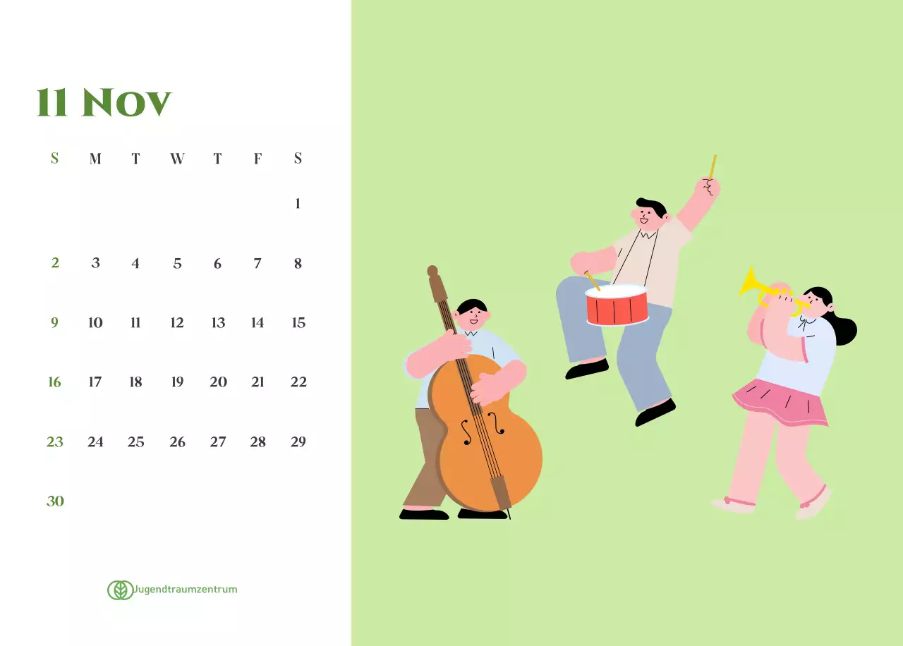 Kalender mit Jugendillustrationen auf gelb-grünem Hintergrund