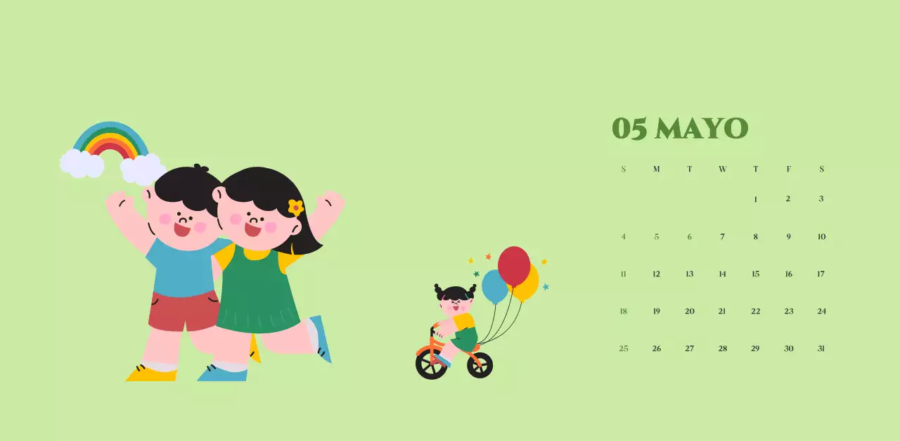 Calendario con ilustraciones juveniles sobre fondo amarillo verdoso