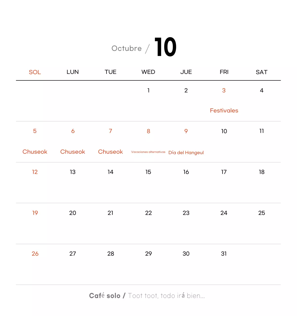 Calendario de café minimalista