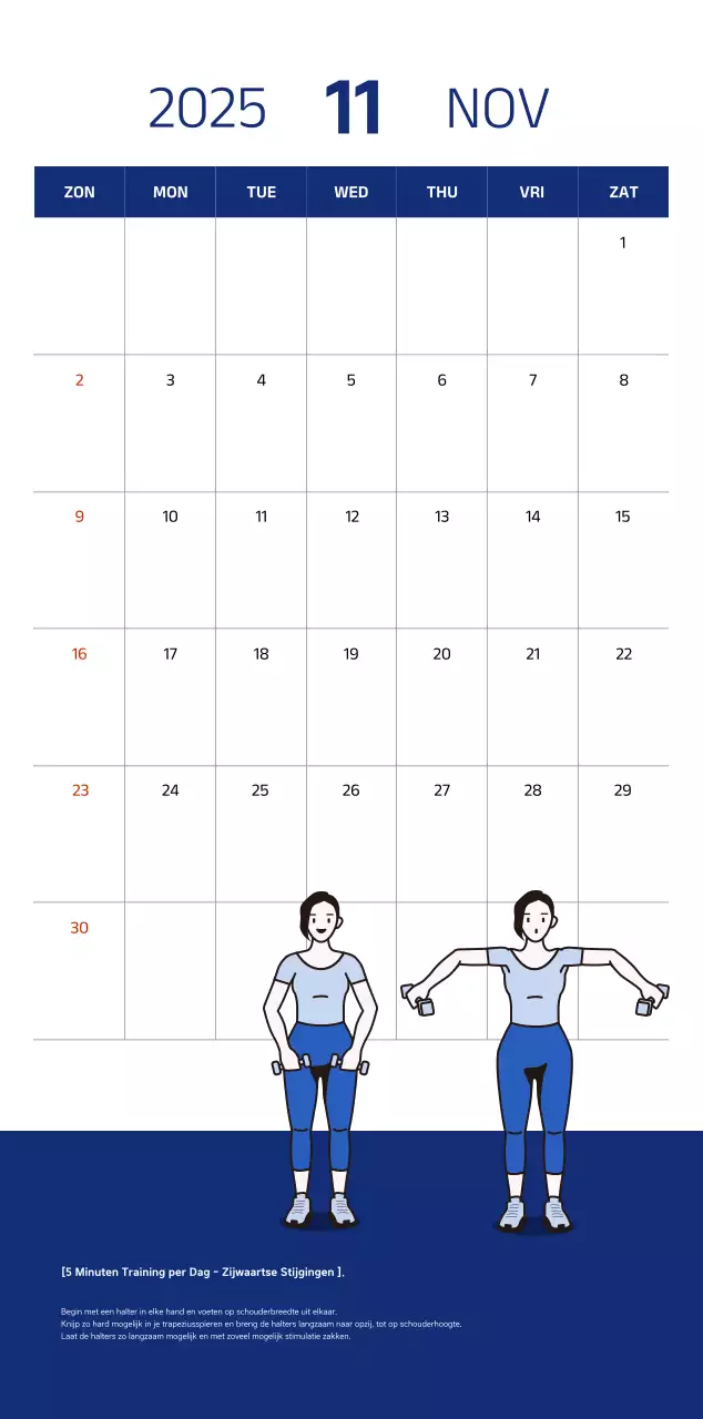 Eenvoudige kalender met blauwe, strakke illustraties