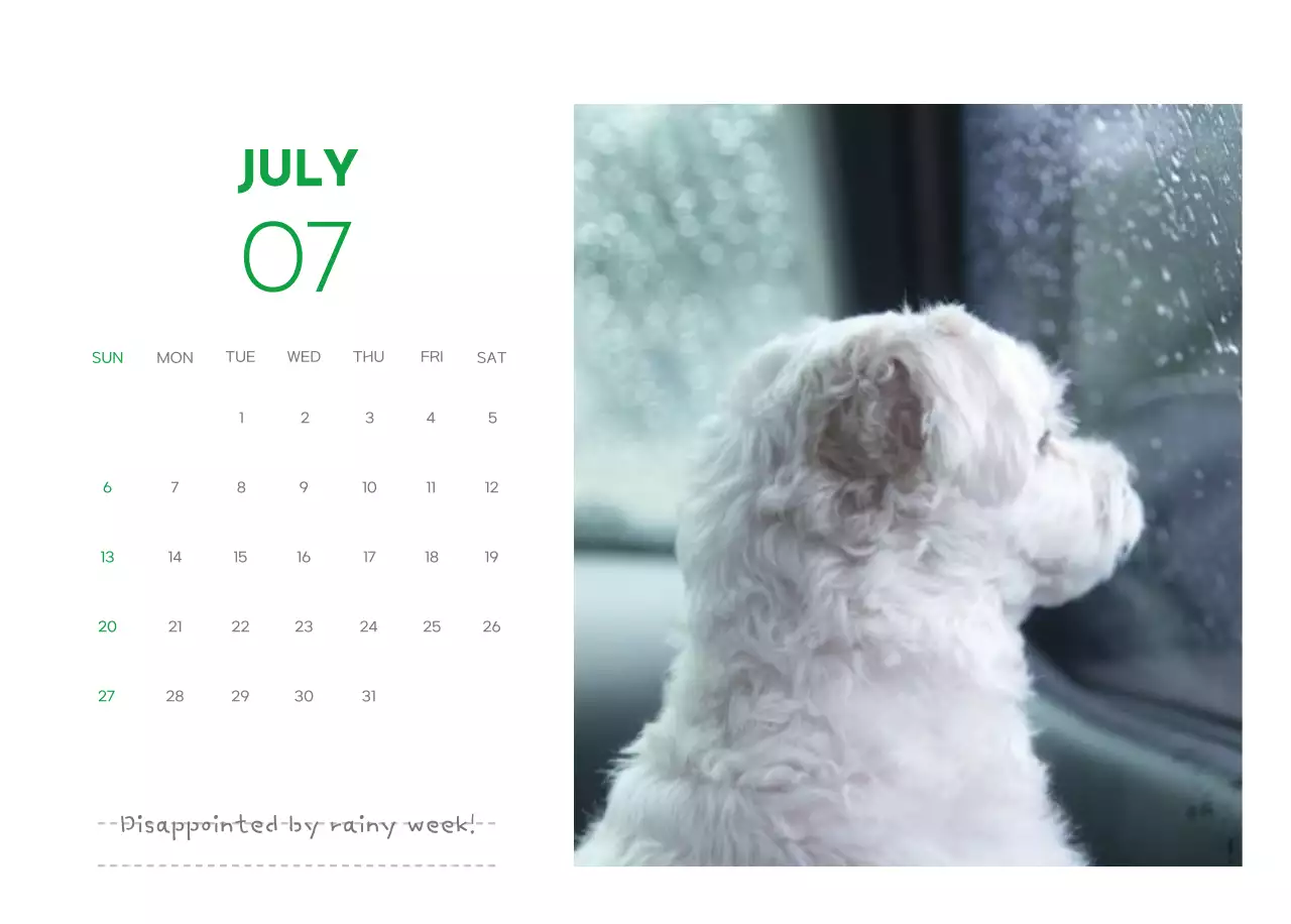 A calendar with a puppy photo and cute message in a green accent color