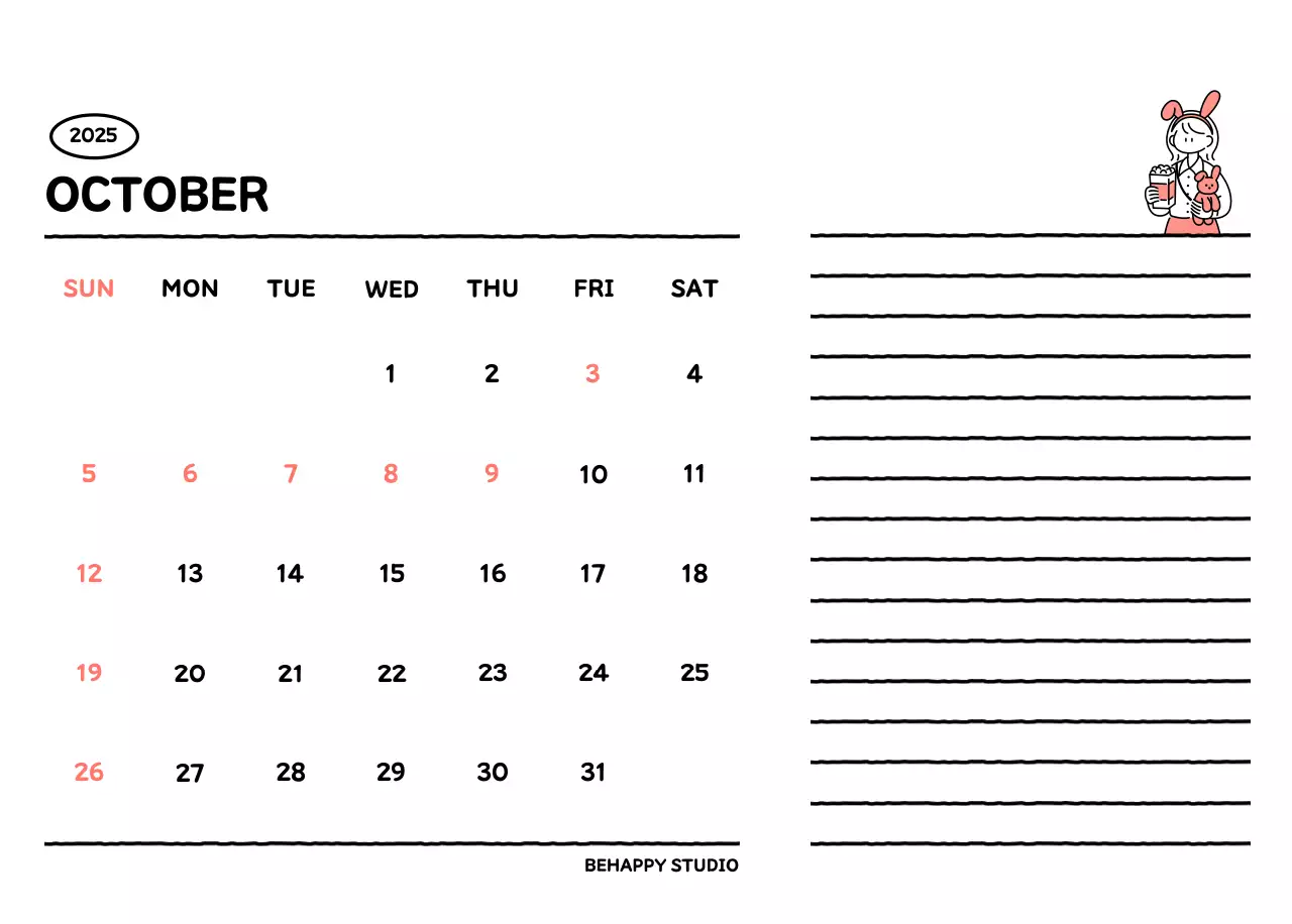 Illustrated calendar with a cute line style