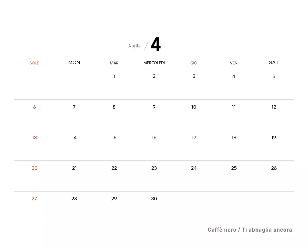 Semplice calendario da tavolo con foto di caffè per bar nei toni del bianco