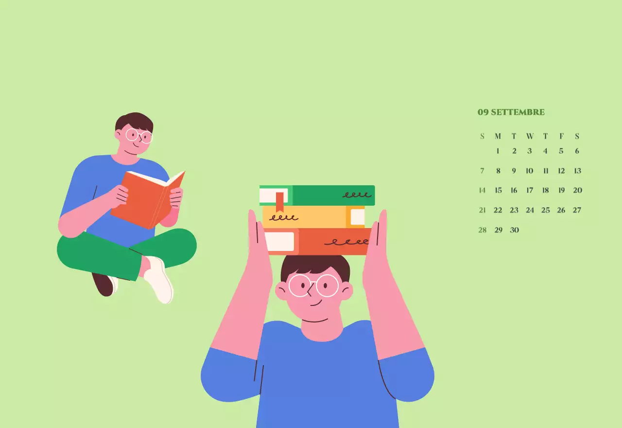 Calendario con illustrazioni giovanili su sfondo giallo-verde