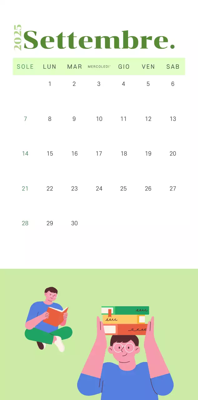 Calendario con illustrazioni giovanili su sfondo giallo-verde