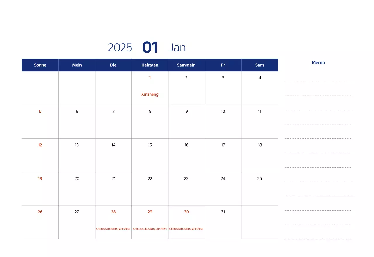 Einfacher Kalender mit blauen, klaren Illustrationen