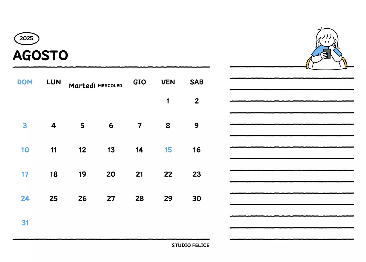 Calendario illustrato con un grazioso stile di linee