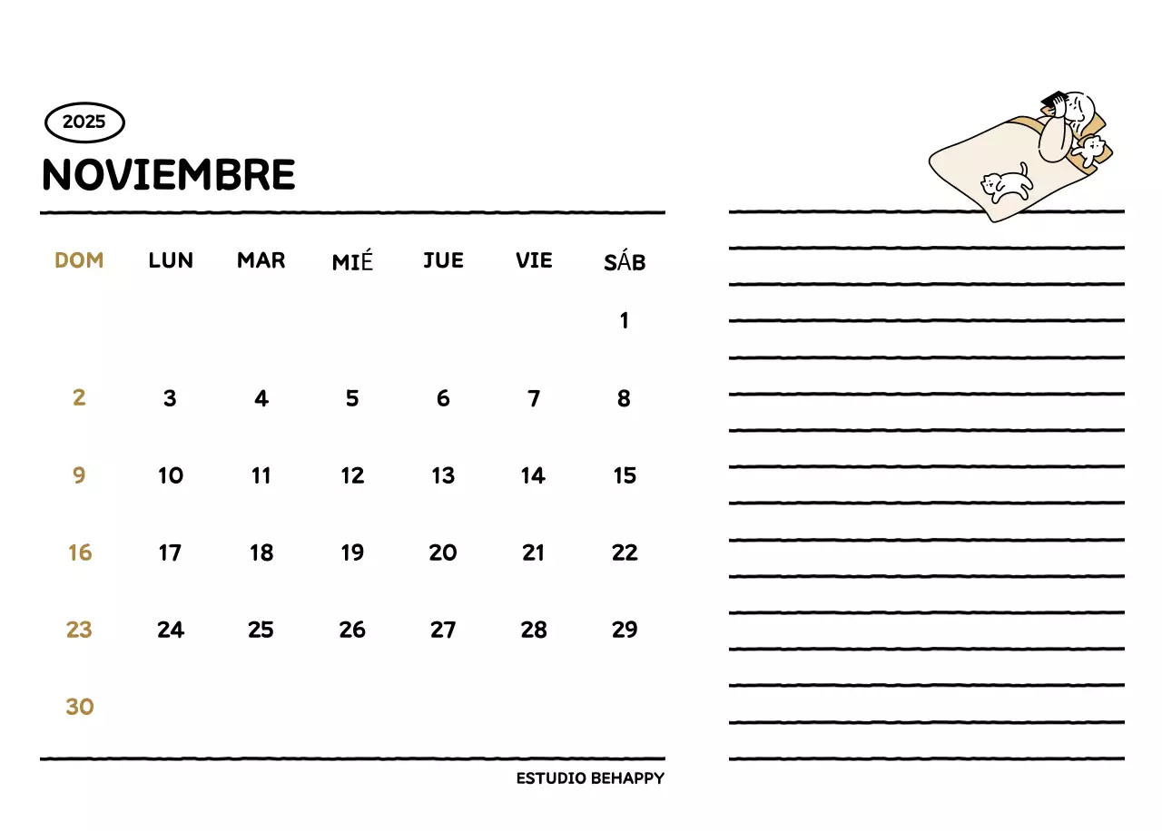 Calendario ilustrado con un bonito estilo de líneas