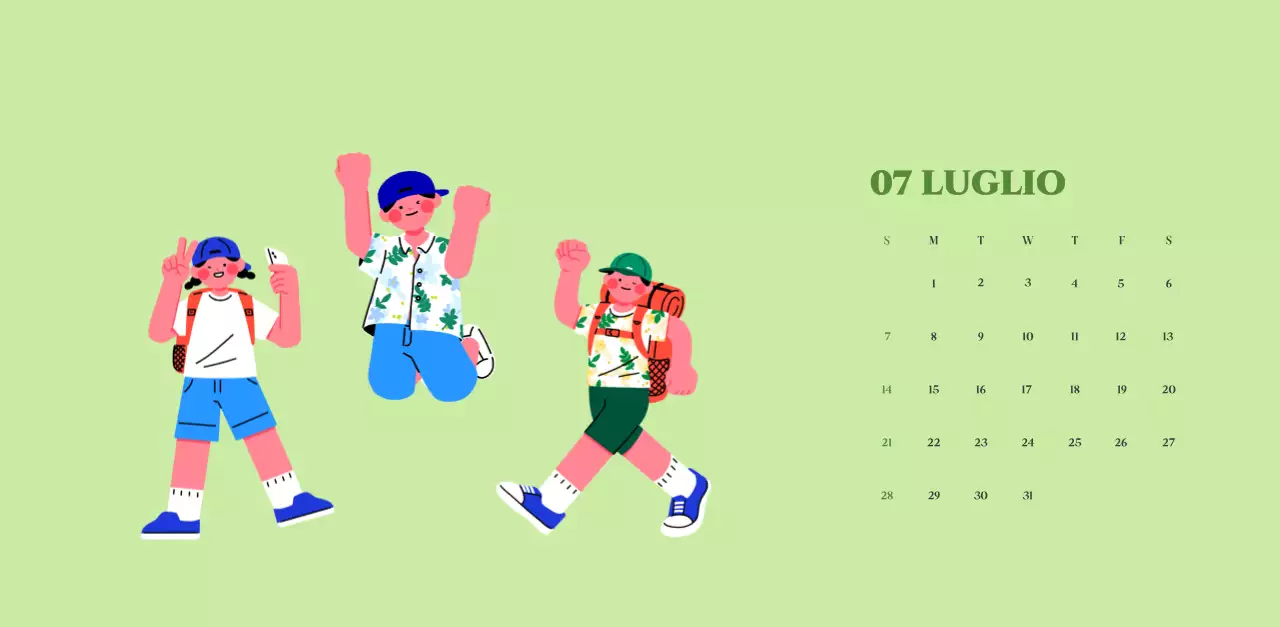 Calendario con illustrazioni giovanili su sfondo giallo-verde