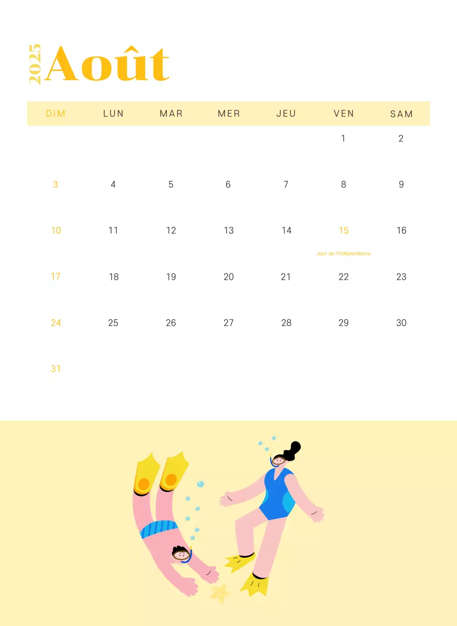 Calendrier avec illustrations de jeunes sur fond jaune-vert