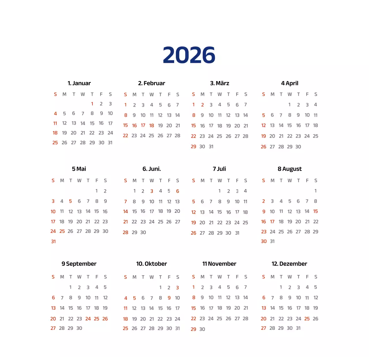 Einfacher Kalender mit blauen, klaren Illustrationen