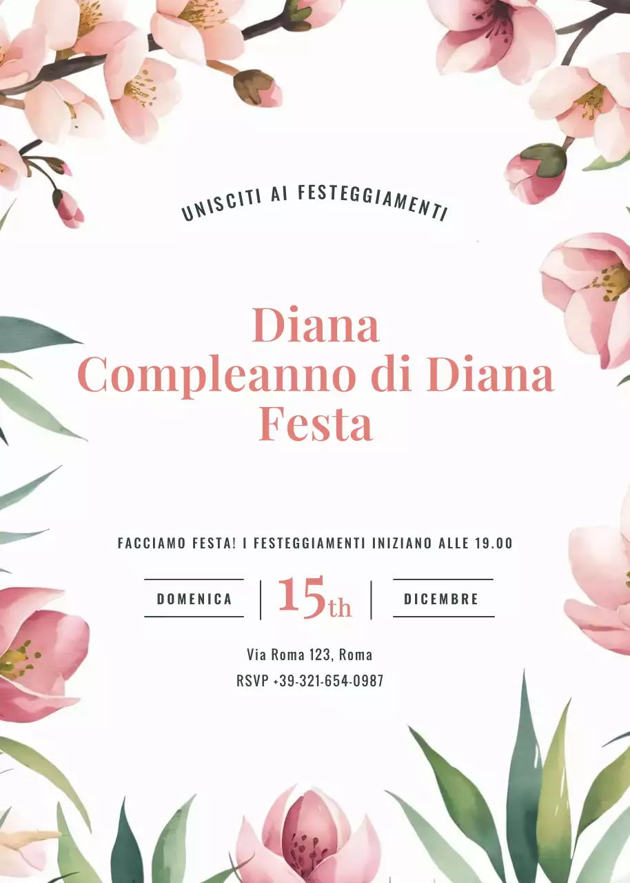 Invito di compleanno floreale verde rosa