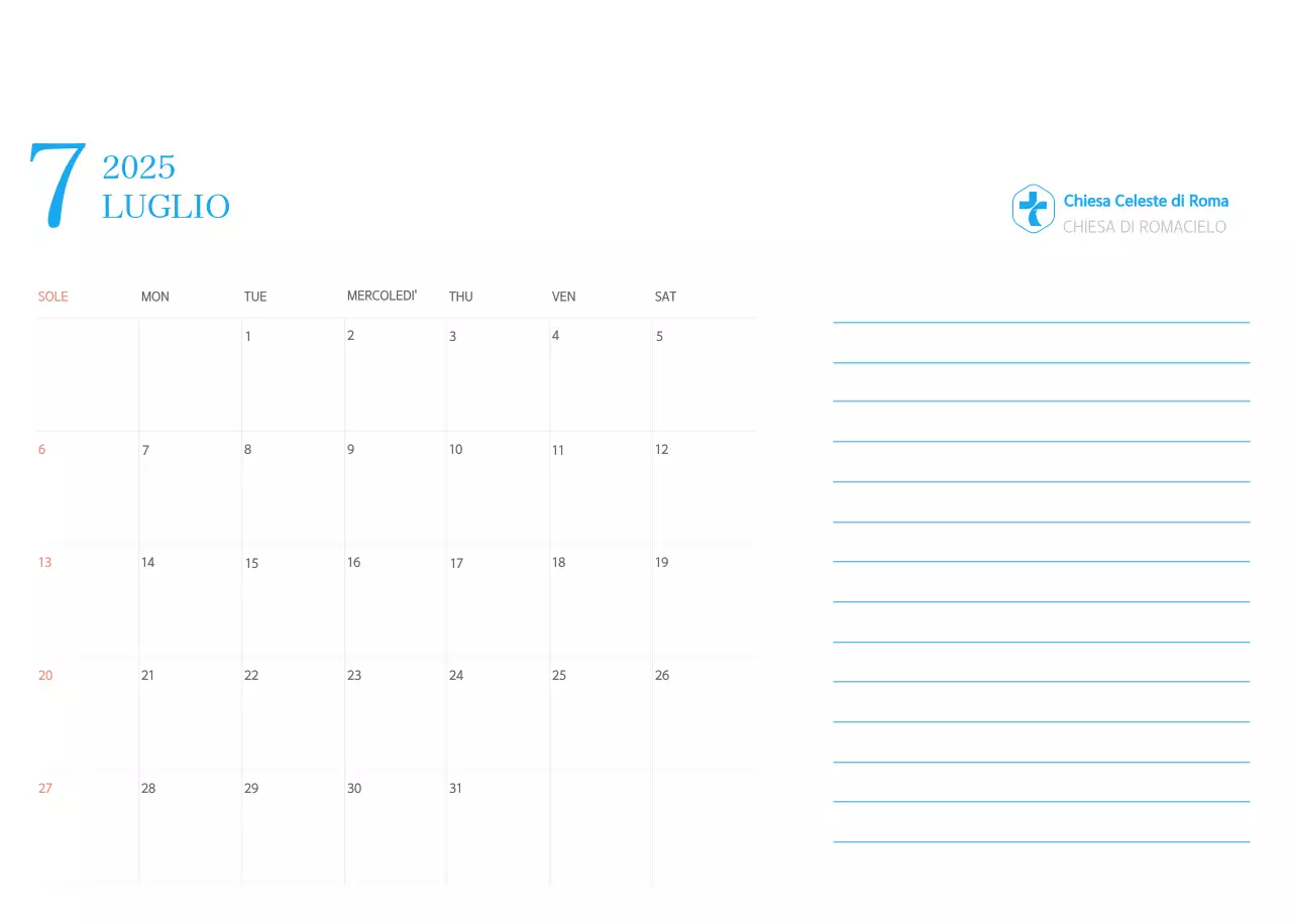 Calendario ecclesiastico blu di concezione moderna
