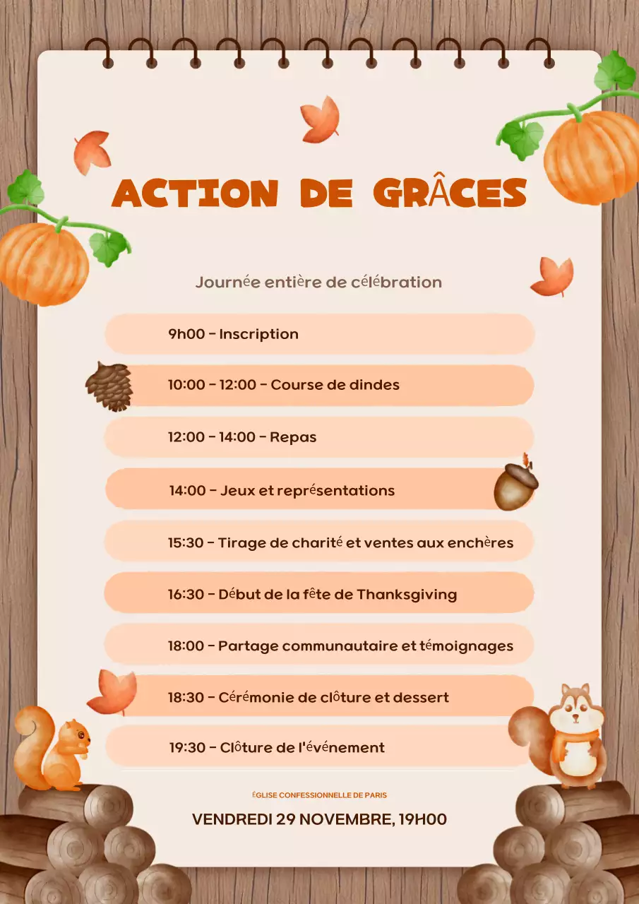 programme de l'événement orange rustique Thanksgiving
