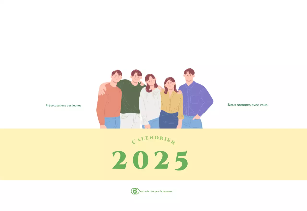 Calendrier avec illustrations de jeunes sur fond jaune-vert