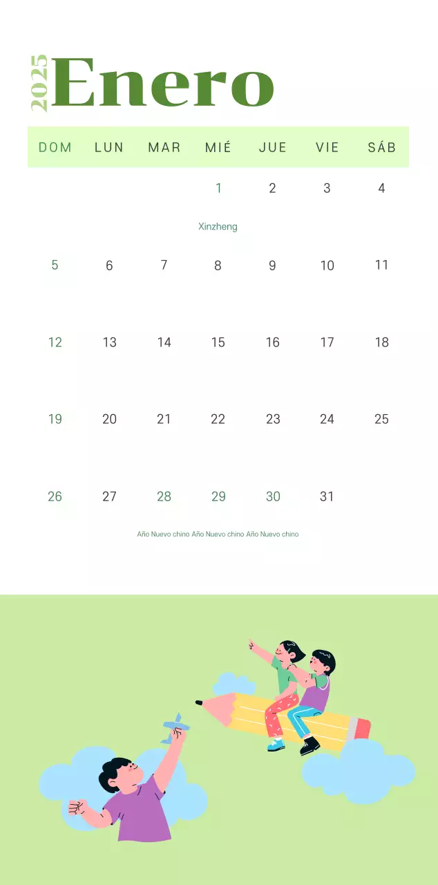 Calendario con ilustraciones juveniles sobre fondo amarillo verdoso