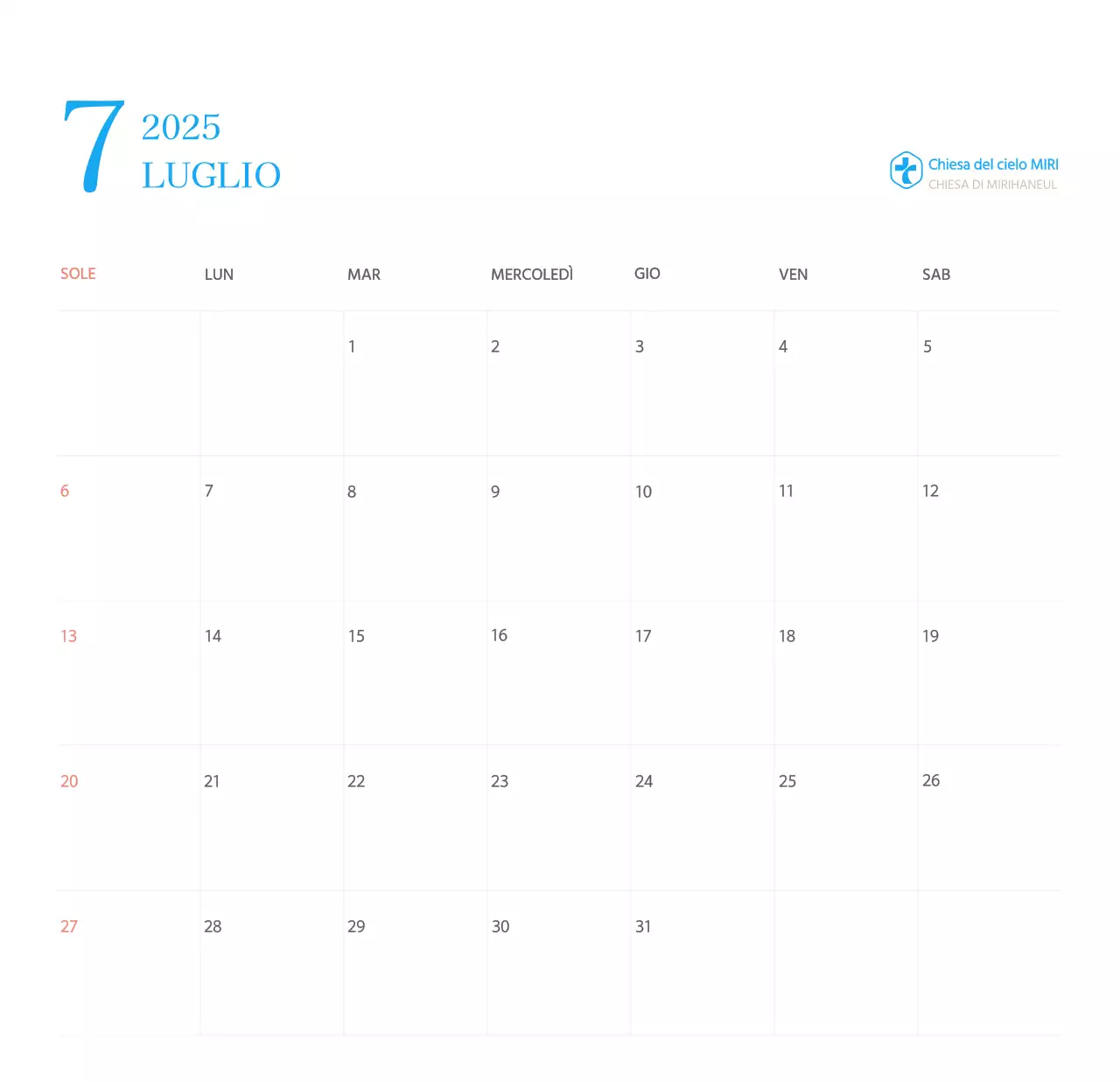 Calendario ecclesiastico blu di concezione moderna