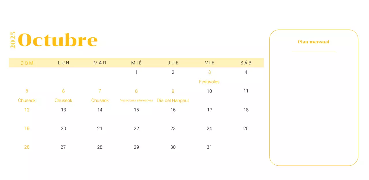Calendario con ilustraciones juveniles sobre fondo amarillo verdoso