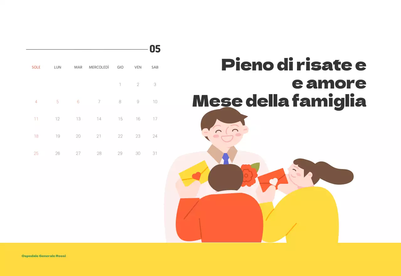 Un ospedale festivo con illustrazioni a tema salute e famiglia e accenti colorati