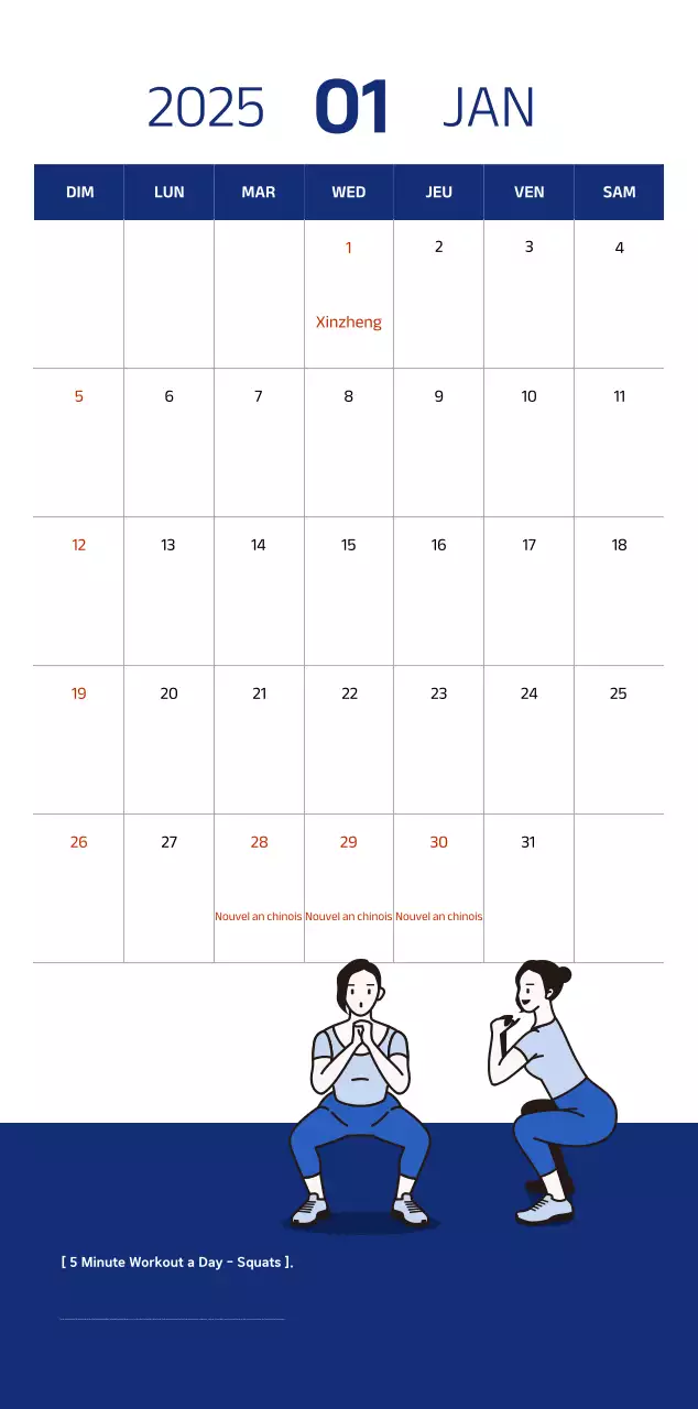 Calendrier simple avec des illustrations bleues et épurées