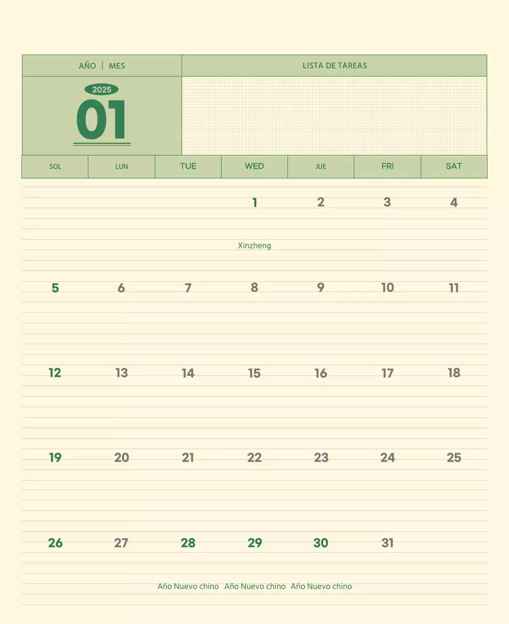 SAT Calendario de pared con concepto de bloc de notas del Día D en verde y amarillo claro