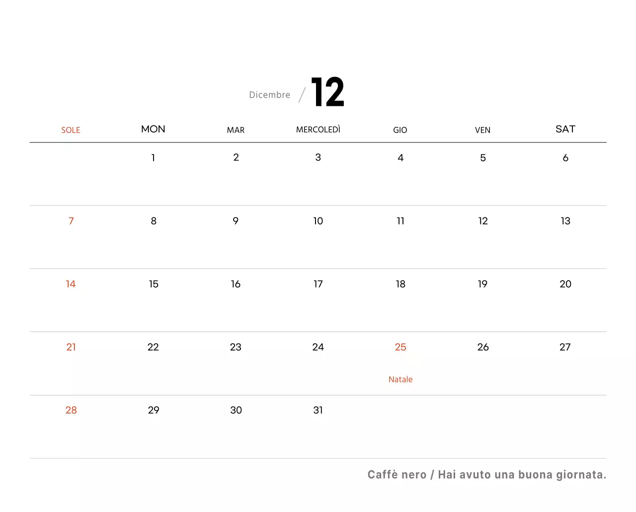 Semplice calendario da tavolo con foto di caffè per bar nei toni del bianco