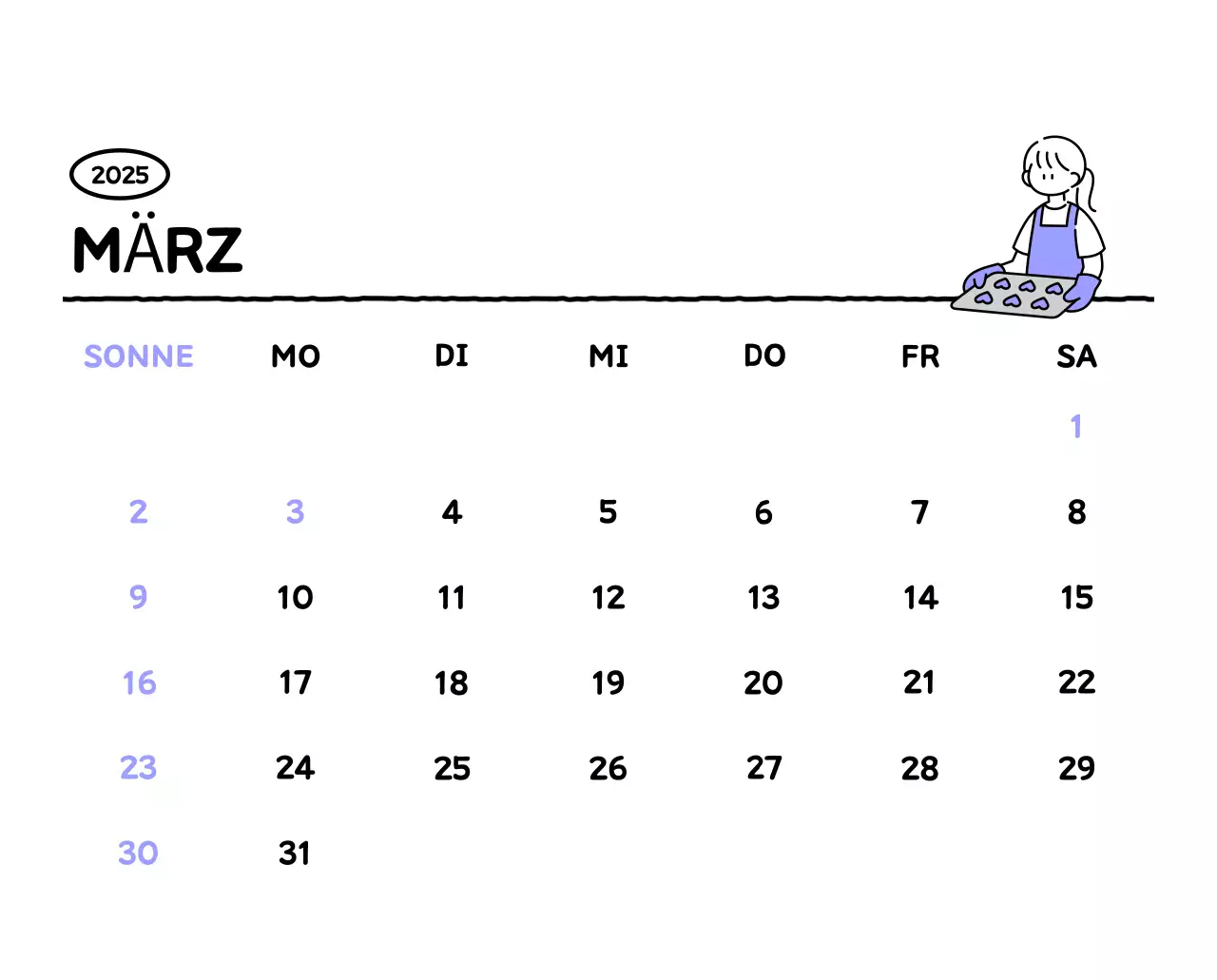 Illustrierter Kalender mit schönem Linienstil